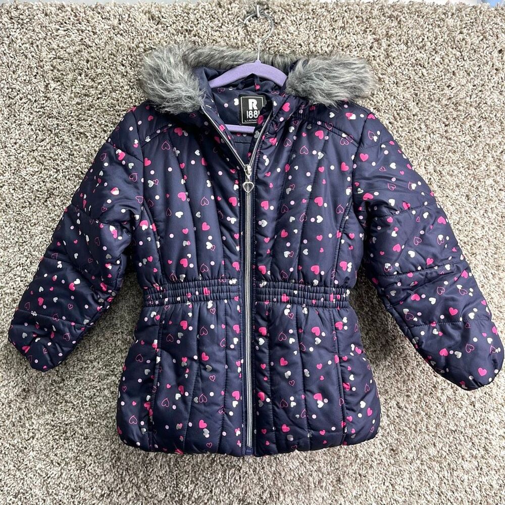 Rothschild Coat Girls 6X Navy All-Over‎ Heart Print Zip Up Puffer Coat with Hood